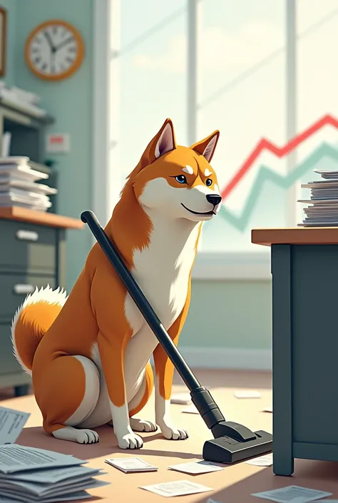 A Shiba Inu with a vacuum cleaner, cleaning up a bloated government office overflowing with paperwork and wasteful spending. A clean, efficient office and a decreasing government spending chart are in the background