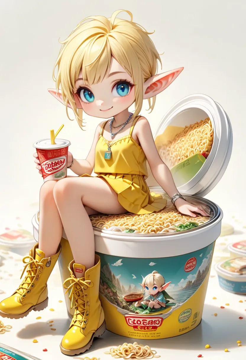 cup noodles with the lid closed, a miniature elf figure sitting on the edge of the lid, blonde pixie cut, azure eyes, pointy ear...