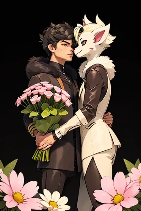 Male human teenager amirhossein ajorloo beautiful flowers give to female furry sara rabbit female furry sara rabbit loved she get flowers and say oh amirhossein is beautiful thank you so much final she kiss male human amirhossein ajorloo pokemon v style 