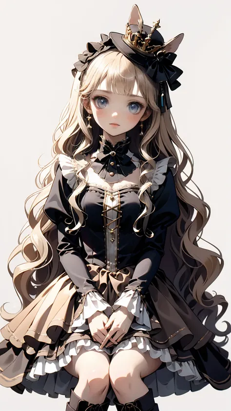 Anime Style 、story、、  pretty girl 、とてもcute天使、  pink gothic dress 、cute、baby face、smile、  long skirt 、  black boots 、Very cute headband Anime*** in maid costume sitting on the grass with long blonde hair and peach colored dress , Anime Barbie Statue , chang...