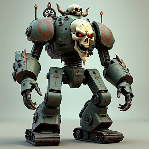 3d rendering, toy, action figure, evil robot, steampunk style internal mech, Cthulhu monster look, demonic form, scary skull face, lower body like a tank, huge demonic skull emblem on top of the tank, full body picture, digital image.