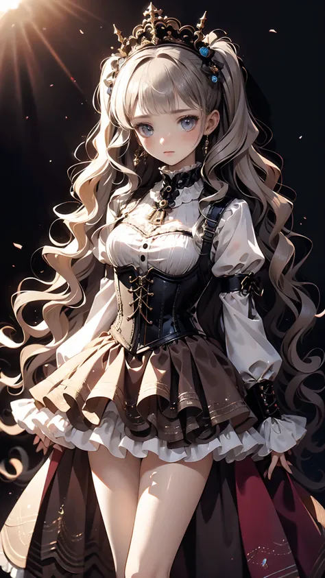 (((gothic))),  young woman standing in elaborate decorations  、 A fascinating scene , she was adorned with hair accessories、she is medium length,  wavy golden hair..。.。Super mini skirt with frills, sheの表情は自然だ,  Calm Expression . she wore a frilly-sleeved m...