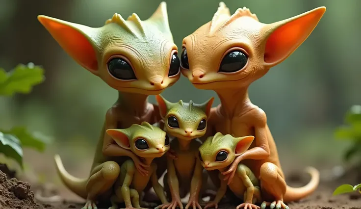 "Hyper-realistic alien family with reptilian features, long ears, large beautiful eyes, small height, orange-green skin tones. Male and female aliens with human-like bodies, accompanied by their adorable alien babies. Innocent expressions, detailed texture...