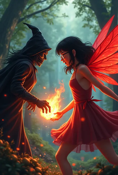 Make a teenage girl with long wavy black hair, with glasses, angry at a forest, and has a burning red fairy wings on her back and a fire in her hand. And a Blood Witch guy in front of her, and she is killing the Blood Witch by the fire in her hand. Make it...