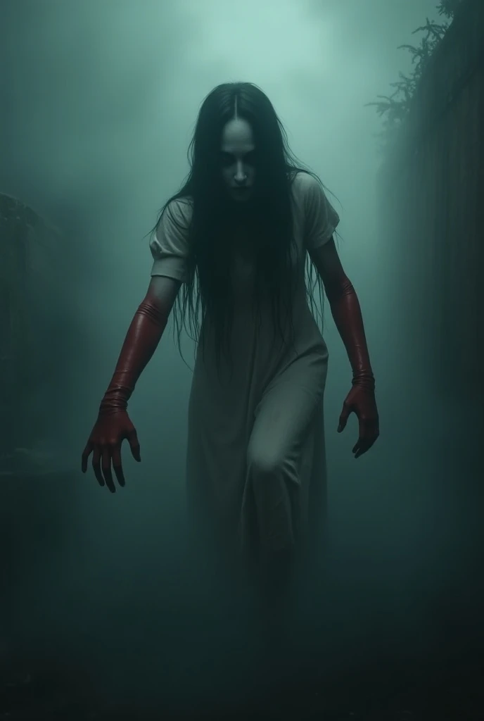  creating a scary ghost image  ,  wearing a piece of dirty old white Color Dress and Long Red Latex Gloves, long black hair,   , Deep black eyes , Climb up to me，With blood  .  This scene is the scene around  , ，  in the thick dark mist  , 周圍的景象沉浸在黑暗middle...