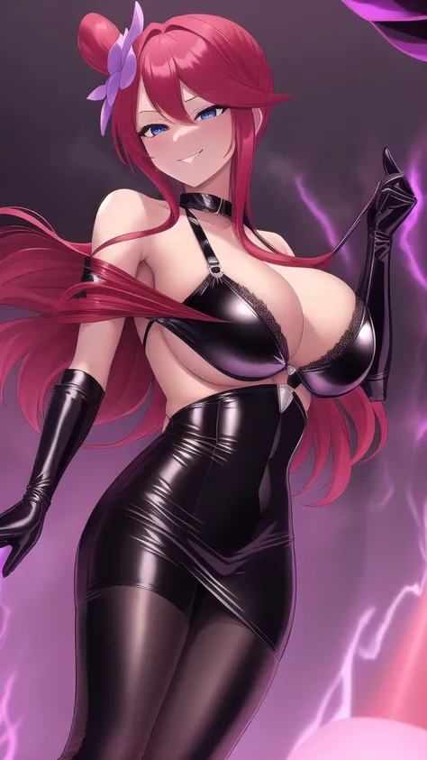   erotic、Fuuro、Red Hair、 Big Breasts、Alone,、black latex corset、 Pencil Skirts、black latex bra 、 garter belts、 wicked background with purple neon light、disaster々Shy Throne 、  best quality,  detailed face ,  detailed eyes on board,  high definition ,、Evil fe...