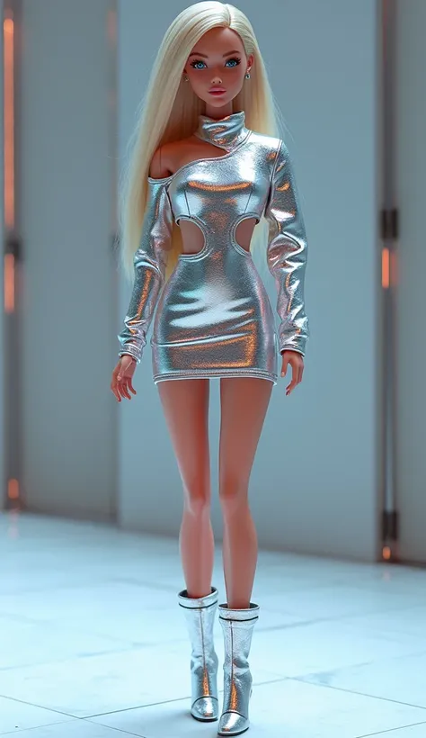 " Barbie for futuristic Christmas ".  Imagine Barbie wearing a futuristic Christmas outfit ,  with a silver metallic dress and holographic details .  The model must be bold and modern ,  with a geometric cut and fit adjusted to the body . The skirt, in the...