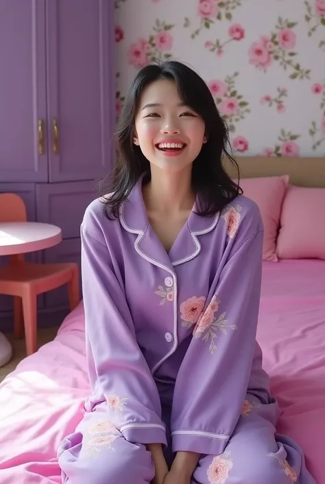 portrait of a Korean woman, hair loose with a round face, wearing bright purple pajamas with floral motifs, the woman is sitting on a bright purple bed with floral motifs, laughing facing the camera, the background of the room is with purple cupboards, pin...