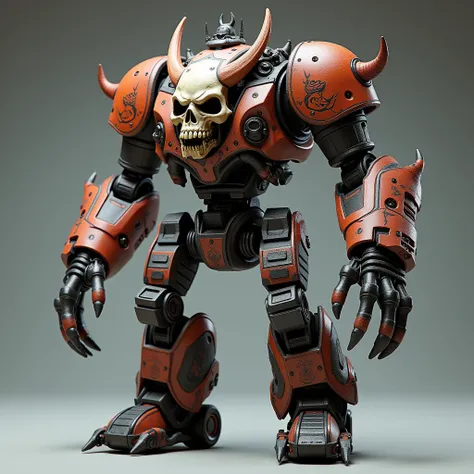 3d rendering, toy, action figure, evil robot, steampunk style internal mech, Cthulhu monster look, demonic form, scary skull face, lower body like a tank, huge demonic skull emblem on top of the tank, full body picture, digital image.