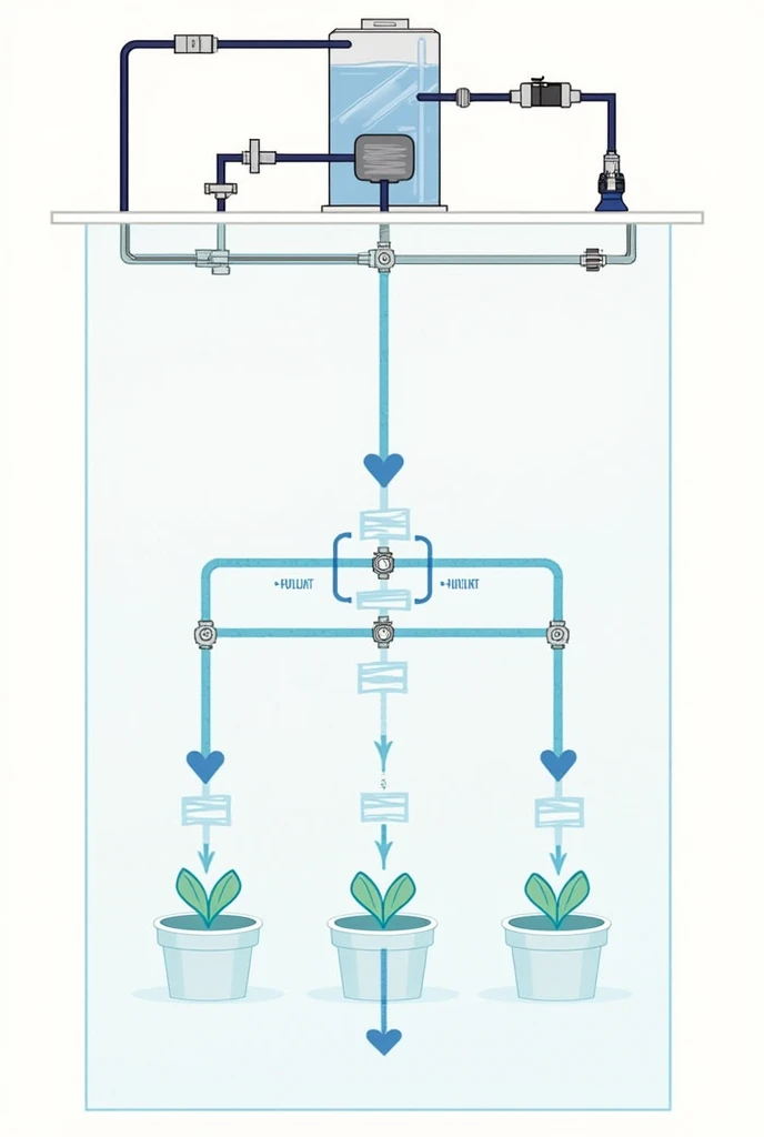 A schematic showing the water circulation system of a greenhouse. It includes a water tank, a water pump, hoses delivering water to plant pots, and arrows indicating the water’s flow back into the tank. The system is labeled with a clear and simple layout,...