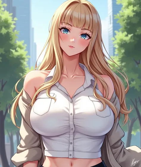 a young blonde woman,  with a slightly tanned skin tone .  Her hair is long ,  smooth and she has a straight fringe on her hair.  Her eyes are slightly drawn and thin,  with blue pupils .  She is an 18-year-old woman with a ,78 tall.  She has a voluptuous ...