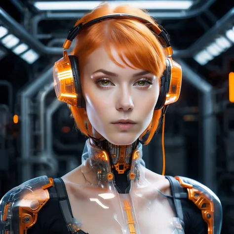 The front face (only front face) of a translucent ethereal mechanical girl with an alluring and futuristic appearance, looking directly at the viewer, as if posing for a portrait. She has orange short hair and intricate mechanical connections on her face, ...