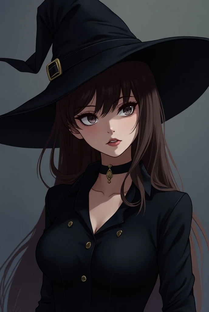 Close-up of a woman in a witch costume with a hat,  character portrait inspired by Li Chevalier, Pixiv,  Fantasy Art ,  The Witch of Castlevania , Anime witch who does bewitching magic , Dark Witch character, fashionable Dark Witch, a Beautiful Witch, Witc...