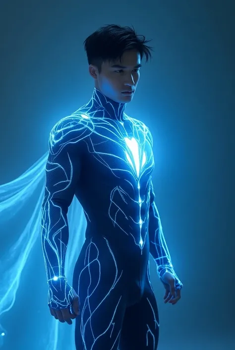  as a young man of athletic build, while imagining blue and silver tones ,  as the main colors . short,  can have dark hair and a sharp gaze .  Clothing can also wear a modern and functional superhero costume.  In his costume we can think of ,  can give hi...