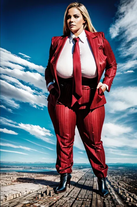 sophisticated and stylish bbw giantess in a pinstriped trouser suit, white shirt, and a large wide crimson necktie with a really large windsor knot, wearing a warm winter coat on top of suit, with a beautiful, curvaceous figure, massive breasts, and blonde...