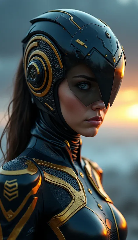 closeup portrait of a woman in a black and gold Kamen Rider costume, very realistic and fututistic sky, night background