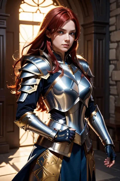 Full body shot of a female warrior
A female warrior in full medieval armor, confidently holding a sword with her right hand. She has long red hair flowing freely, and is wearing a metallic armor set with golden accents. The armor includes detailed shoulder...