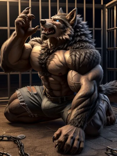 ((    Its the best quality )), (( masterpiece )), ((4K)) (((    alone))), Werewolf，Gray Wolf,    perfect face   ，((pain, facial pain， Drastic changes ， perfect eyes ，Open your eyes  ))，   alone，Masculine charm   ，Endocrine   ，   palms into claws ，bowed leg...