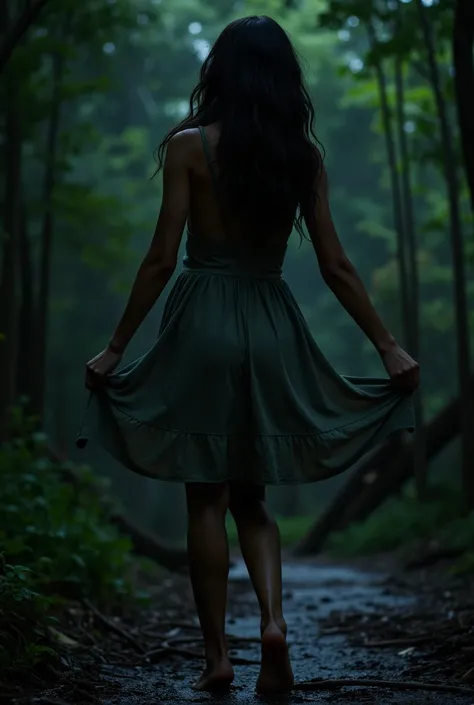 Pov, little malay girl, 1girl, in the middle of forest, wearing chiffon dress, strapless tanktop, undressing, lifting skirt, big full breasts, night time, dark, creepy, scary, spooky, dark light, very dark, dimly lit rope, rain, very wet, uncomfortable 