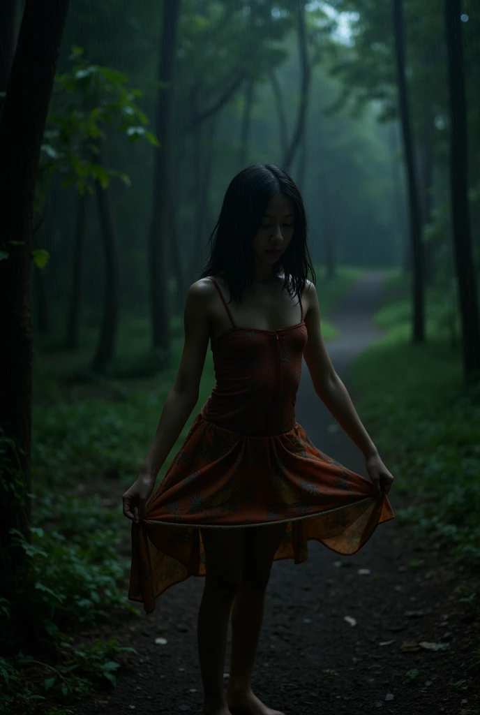 Pov, little malay girl, 1girl, in the middle of forest, wearing chiffon dress, strapless tanktop, undressing, lifting skirt, big full breasts, night time, dark, creepy, scary, spooky, dark light, very dark, dimly lit rope, rain, very wet, uncomfortable 