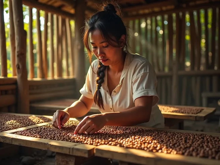 A frizzy Colombian woman, with a braid and white blouse drying coffee in a wooden dryer