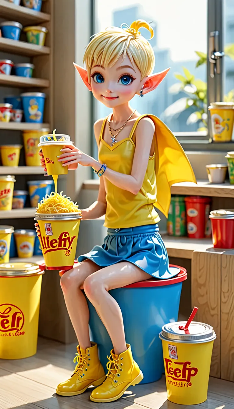 a big cup noodles with the lid closed, a miniature elf figure sitting on the edge of the lid, blonde pixie cut, azure eyes, poin...