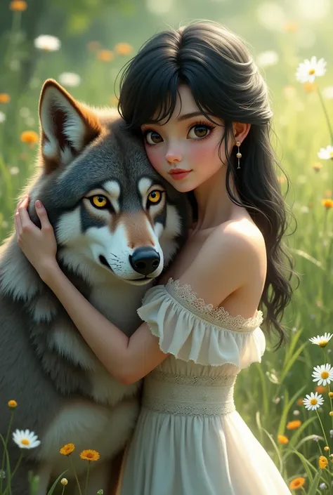 19-year-old girl with straight waist-length black hair with freckles and black eyes in a white dress hugging a yellow-eyed wolf 