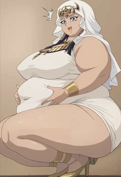 score_9, score_8_up, score_7_up, BREAK source_anime, BREAK II, 1girl, solo, looking at backside, smile, eye of horus headpiece, eye of horus necklace, forehead jewel, head scarf, egyptian dress, fat, chubby, obese, gigantic arms and legs, large breasts, Is...