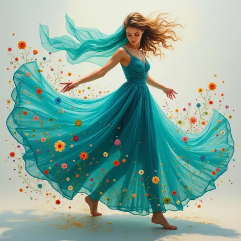 Can you describe a hyperrealistic painting of a young woman, dressed in an almost transparent skirt of light sapphire blue and vibrant emerald green veil, dancing in the air as if carried by a brisk breeze? The painting should feature thick layers of paint...