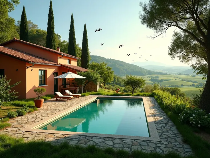 A serene countryside farmhouse surrounded by lush greenery, featuring a terracotta-colored house with a tiled roof. The property includes a well-maintained swimming pool bordered by a stone patio with outdoor seating under a large umbrella. A neatly landsc...