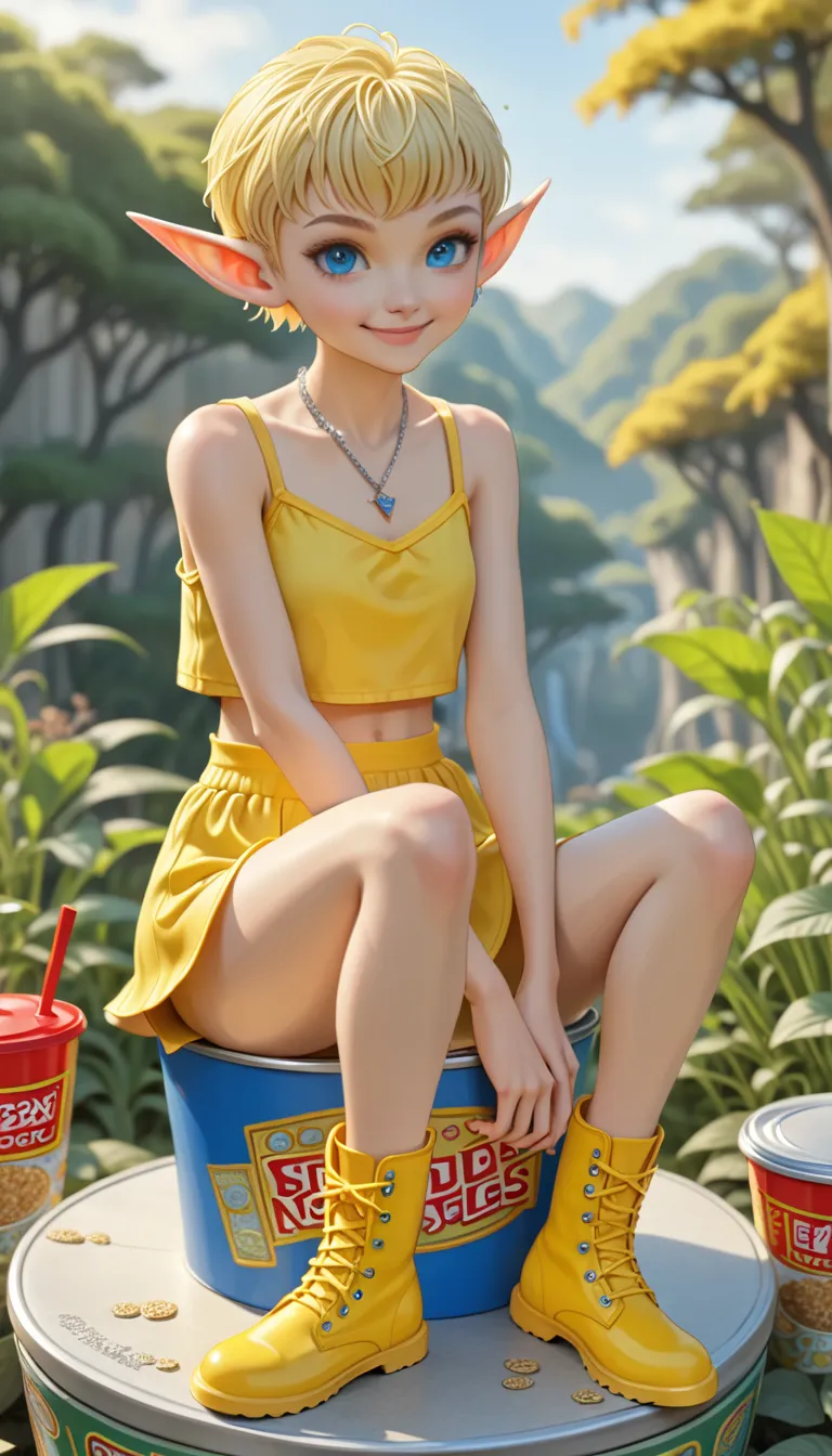 a big cup noodles with the lid closed, a miniature elf figure sitting on the edge of the lid, blonde pixie cut, azure eyes, poin...