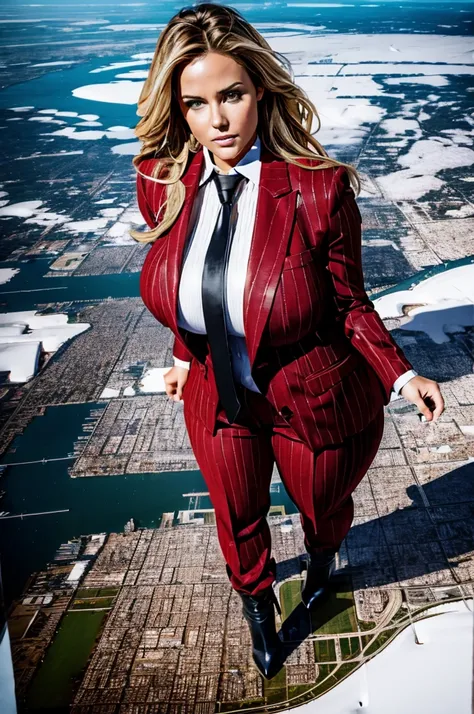 sophisticated and stylish bbw giantess in a form fitting pinstriped trouser suit, white shirt, and a large wide crimson necktie with a really large windsor knot, wearing a warm winter coat on top of suit, with a beautiful, curvaceous figure, massive breast...