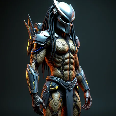  futuristic male Predator with a slender, athletic physique, wearing an upgraded, high-tech Predator costume that blends advanced technology with the original essence of the character. His realistic alien skin retains its deep tan and brownish-green tones,...