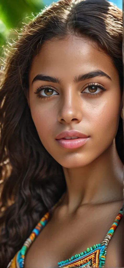 a beautiful mixed caribbean girl, extremelybeautiful detailed eyes, long brune hair, beautiful detailed lips, extremely detailed hands and face, fit girl, (habits et lieu) vibrant colors, natural lighting, (best quality,4k,8k,highres,masterpiece:1.2),ultra...