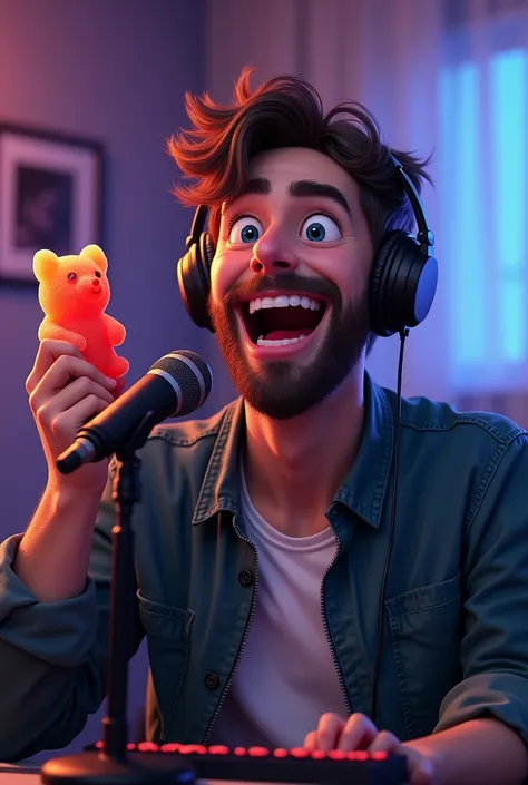 a man with a gummy bear and headphones, Twitch streamer, nodded, streams on Twitch, sits in front of a microphone, he smiles and excited, holding the microphone, writhing with emotion, he laughs, he smiles.