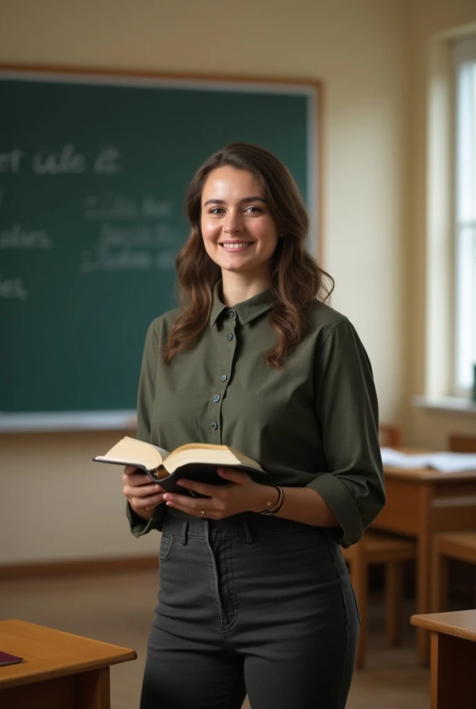 There is a woman standing with a book in the classroom