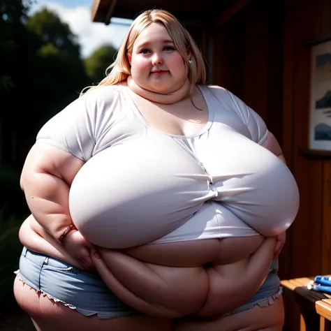 a fat  obese ,chubby overweight ,((very young))  fat girl, australian, cute plump, heavy set young girl,thick  obese young female, very fat and heavy young girl,stout long haired girl, standing outside, camp dorms in background  picturesque camp site backg...