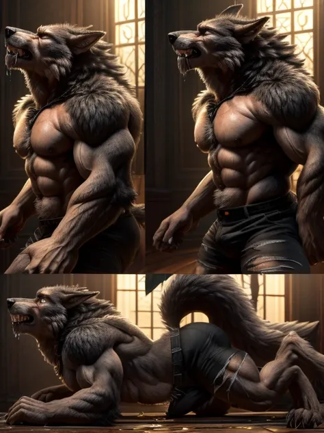 (( Its the best quality )), (( masterpiece )), ((4K)) (((  alone))), Werewolf，Gray Wolf,  perfect face ，(((pain, facial pain， dramatic change ，Focused expression)))，  alone，Masculine charm  ，Endocrine  ，  Delicate eyes ，  palms into claws ，bowed legs ，( mu...