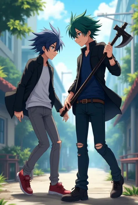  A teenage anime ,  black hair with blue threads, white shirt, black coat, gray pants, red shoes, with your best friend,  A teenage anime ,  black hair with green threads , Dark blue shirt, black vest, ripped jeans,  black and brown shoes , uses an axe