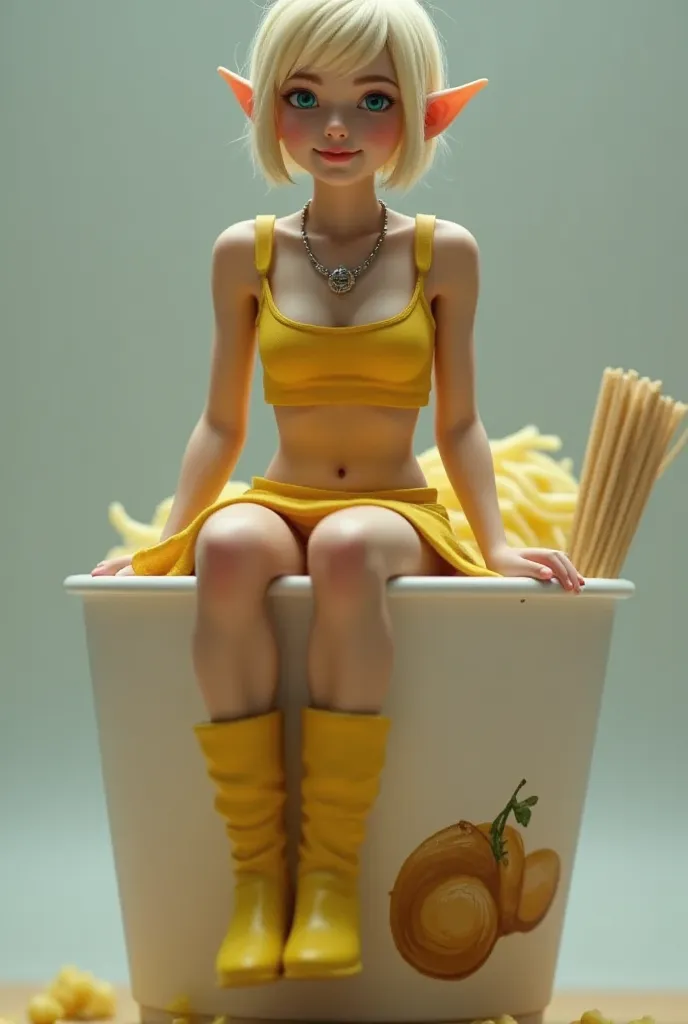 a big cup noodles with the lid closed, a miniature elf figure sitting on the edge of the lid, blonde pixie cut, azure eyes, poin...