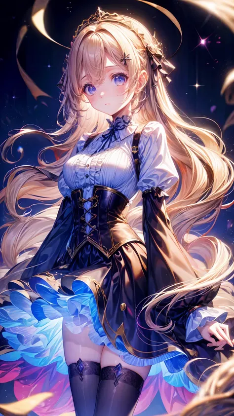 (((gothic))),  young woman standing in elaborate decorations  、 A fascinating scene , she was adorned with hair accessories、she is medium length,  wavy golden hair..。.。Super mini skirt with frills, sheの表情は自然だ,  Calm Expression . she wore a frilly-sleeved m...