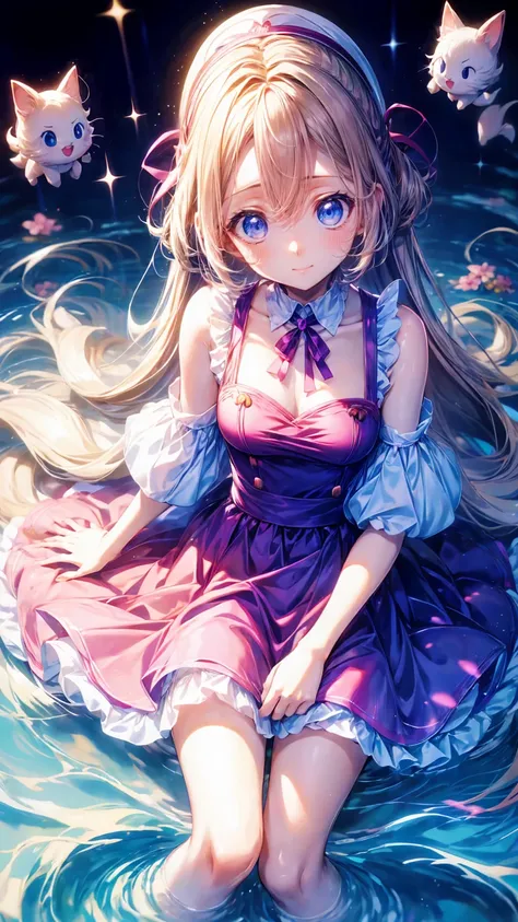 Anime Style 、story、、  pretty girl 、とてもcute天使、  pink gothic dress 、cute、baby face、smile、  long skirt 、  black boots 、Very cute headband Anime*** in maid costume sitting on the grass with long blonde hair and peach colored dress , Anime Barbie Statue , chang...