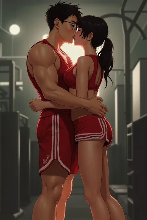  full body image, Oral sexual intercourse, ในโรงยิมชายหญิงTwo people,The short-haired handsome young man, wearing glasses, wore red bass tank tops with shiny white stripes, and wore red bass sports shorts with shiny white stripes, and wore white sports sho...