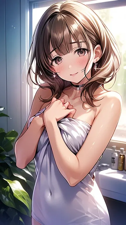  best quality、 high definition 、 high definition 、 high definition 、(Nitta Minami、Long Hair、 medium chest 、 review、 Brown Eyes 、 glossy lips、 Glowing Skin、realistic skin texture、((Completely naked))、Cover your chest with your hands )、 is staring at me、Love...