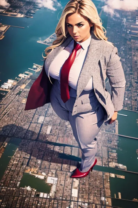 sophisticated and stylish bbw giantess in a form fitting light grey pinstriped trouser suit, white shirt, and a large wide crimson necktie with a really large windsor knot, wearing a warm winter coat on top of suit, with a beautiful, curvaceous figure, mas...