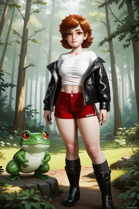 A 22 year old white girl with white straight hair, red eyes, cute nose, perfect face, wearing red shorts, black leather jacket, (gothic_fashion), white kneehigh socks, black demonia boots, she is standing with a giant pacman frog, the frog is red and black...