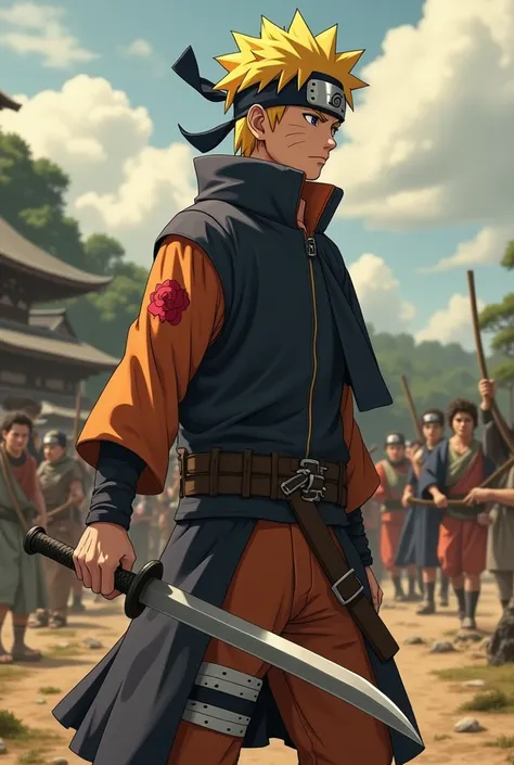 naruto uzumaki is holding a short Bajawa machete on the Edo era battlefield 