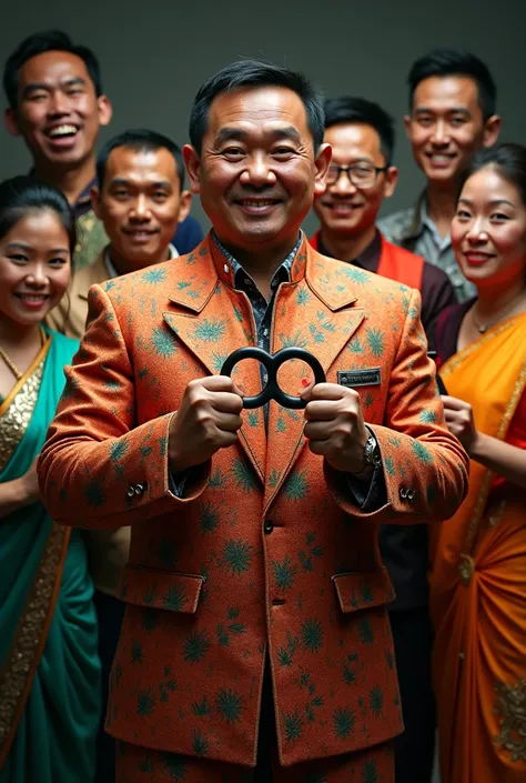 A man standing in a Thai suit of 7 people holding a knuckle