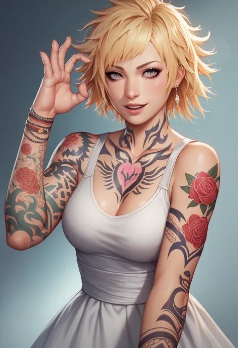  a woman in a pink and white dress posing for a photo, short blonde hair with bangs, floral tattoos, lived, hair white bangs hair, arm tattoos, she has BLONDE hair, Us, SUKI,  shoulder tattoo, A tattoo, tattoos, as a character in tekken, full tattoo, tatto...