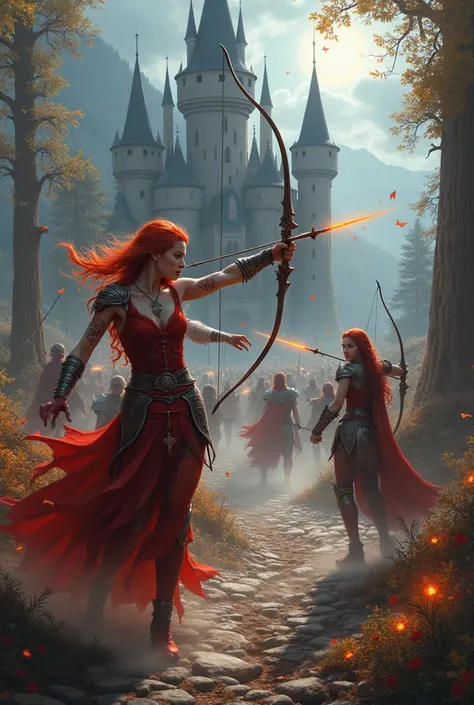 Bat castle enchanted wolves young archers warriors mages swords shields with bows and arrows magic eyes red .  long hair fire red wavy loose red lipstick red long eyelashes short tiny necklines openings bodies Athletic slim huge breasts erect big buttocks ...